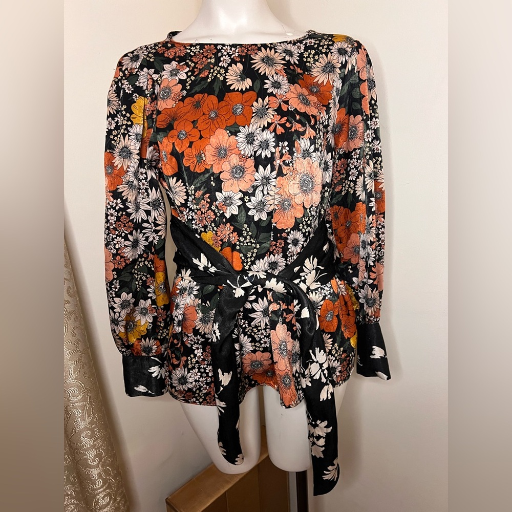 Zara Contrasting Foral Balloon Sleeve Sash Tie Blouse Size small